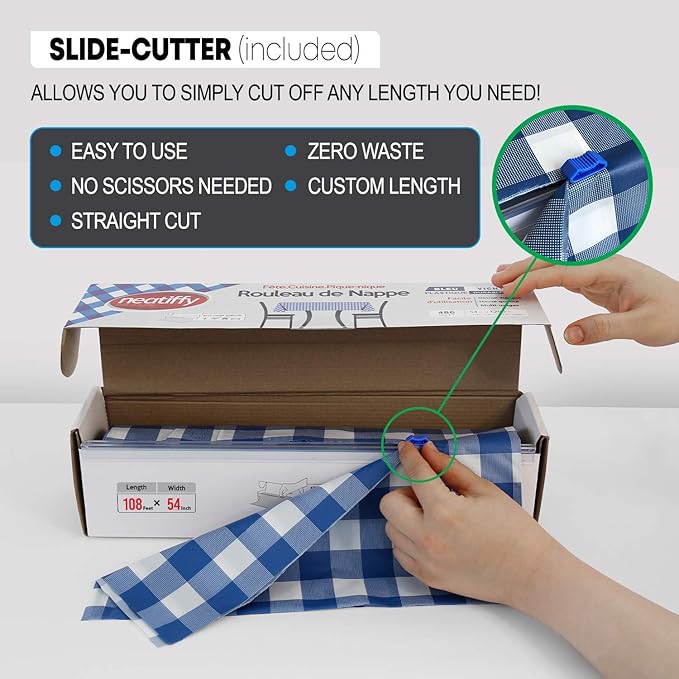 Neatiffy Disposable Plastic Table Cloth Roll | 54 in x 108 Ft Waterproof Tablecloth | Table Cover for Rectangle, Square, Round Oval Tables | Picnic, Party, Banquet, Birthdays, Weddings - Blue Gingham