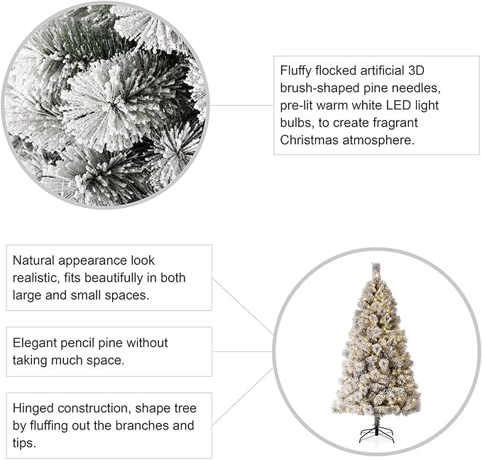 Glitzhome 6ft Pre-Lit Flocked Pencil Pine Artificial Christmas Tree with 300 Warm White Lights and Foldable Metal Stand for Home, Office, Party Decoration, Easy Assembly