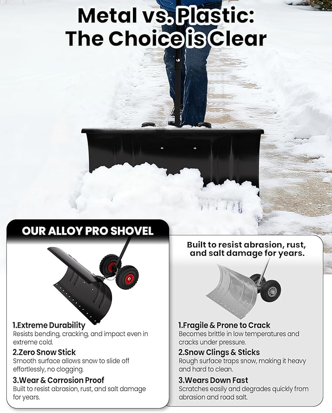 36" Snow Pusher Shovel with Wheels, Adjustable Ergonomic T-Handle Snow Plow for Driveway, Heavy Duty Wheeled Rolling Shovels for Driveway and Sidewalks with Angeled Blade