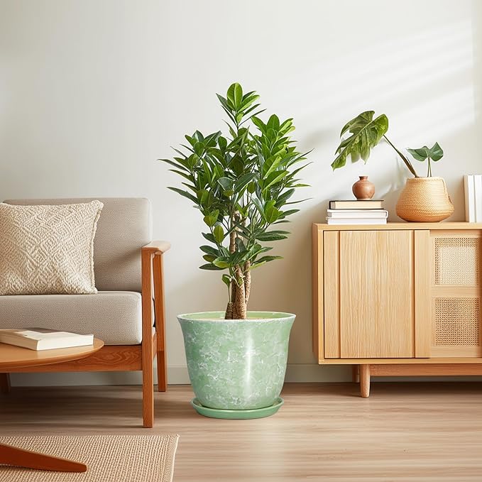 12 Inch Pots for Plants - Ceramic Plant Pots with Drainage Hole and Saucer, Large Round Planter for Indoor Outdoor, Modern Flower Pot, Decorative Planters, Garden Decor, Garden Gifts, Green