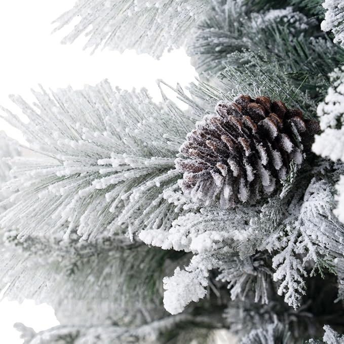 Darla 7.5ft Snow Flocked Rotating Christmas Tree with Star Projector, 43 Pine Cones, 962 Branch Tips, 450 Warm Lights and Rotating Base 50" Wide Snowy Frosted Pine Christmas Tree with Lights