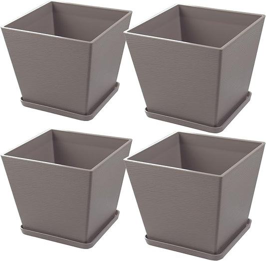 Kozyard 4Packs Taper Planter Indoor Outdoor Plant Pots with Tray Collecting Water for Porch, Patio, Backyard Planters Modern Décor for Tall Plants Flowers GrayishBrown