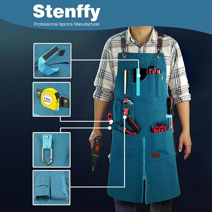 Woodworking Apron, Tool Apron, Canvas, Multiple Pockets, Adjustable Zipper, Metal Ring, Tape Measure Clip, Plus Size, Blue