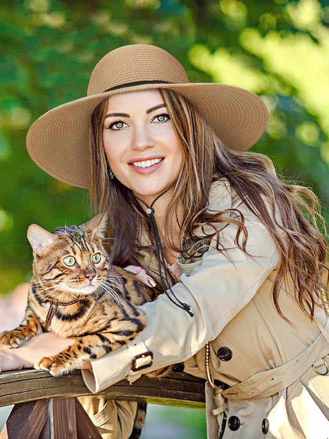 Senker Fashion Sun Hats for Women, Wind Lanyard Wide Brim Straw Hat for Summer Beach Garden Vacation Foldable UPF 50+