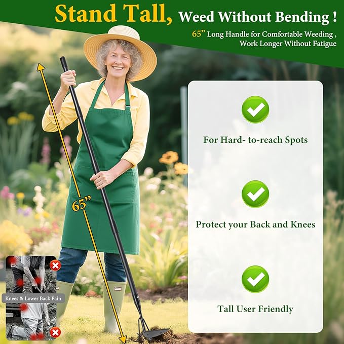 65'' Hoe and Cultivator Garden Tool - 2 in 1 Heavy Duty Garden Hoe for Weeding,Soil Loosening,Sharp Blade,Long Handle Claw 3-Tine Hand Tiller Rake for Gardening