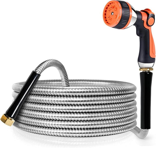 YAMATIC 25FT Stainless Steel Garden Hose with 10 Pattern Spray Nozzle, Heavy Duty Metal Water Hose, Kink-Free, Rust Resistant Hose for Yard, Lawn, RV, Outdoor