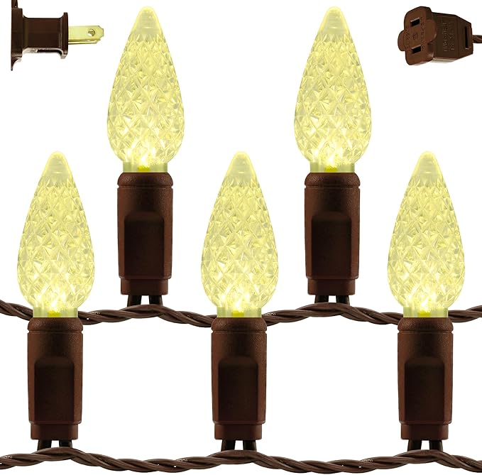 YULETIME Warm White C6 Strawberry LED Christmas Lights, 33 ft 100 Count 4" Spacing One-Piece High Waterproof UL Certified String Light (Warm White - Brown Wire)