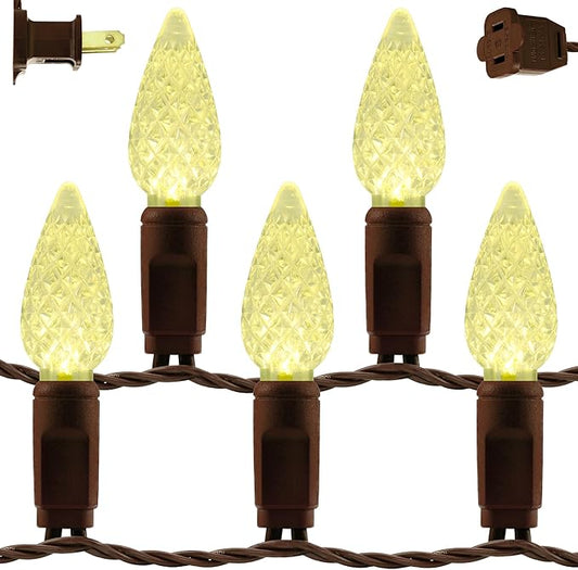 YULETIME Warm White C6 Strawberry LED Christmas Lights, 33 ft 100 Count 4" Spacing One-Piece High Waterproof UL Certified String Light (Warm White - Brown Wire)