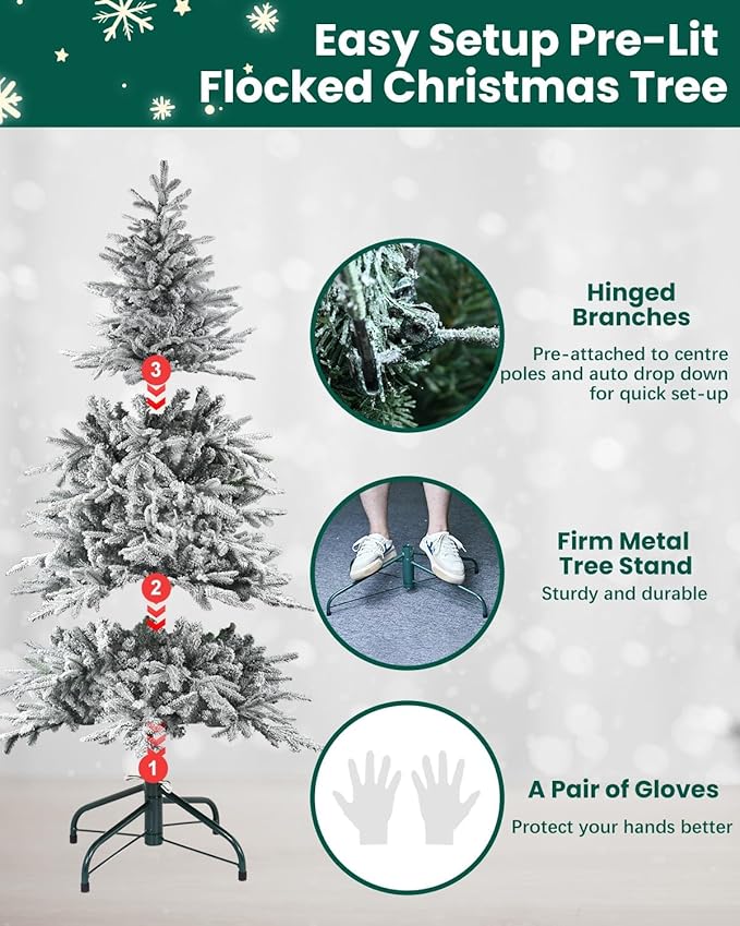 Artificial Christmas Tree with Lights - Leheyhey 6ft Flocked Christmas Tree Prelit - Halloween Xmas Tree for Home Office Store, Holiday Decoration - 1582 PE & PVC Mixed Branch Tips