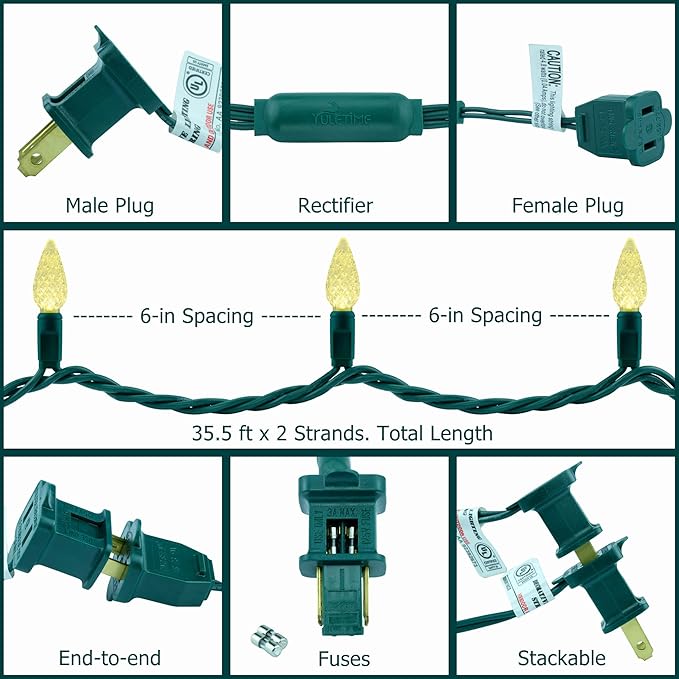 YULETIME Warm White One-Piece C6 Strawberry Christmas Lights 140 Count 71 Feet, 2 Sets 70 LED 35.5 ft High Waterproof UL Certified String Light (Warm White)