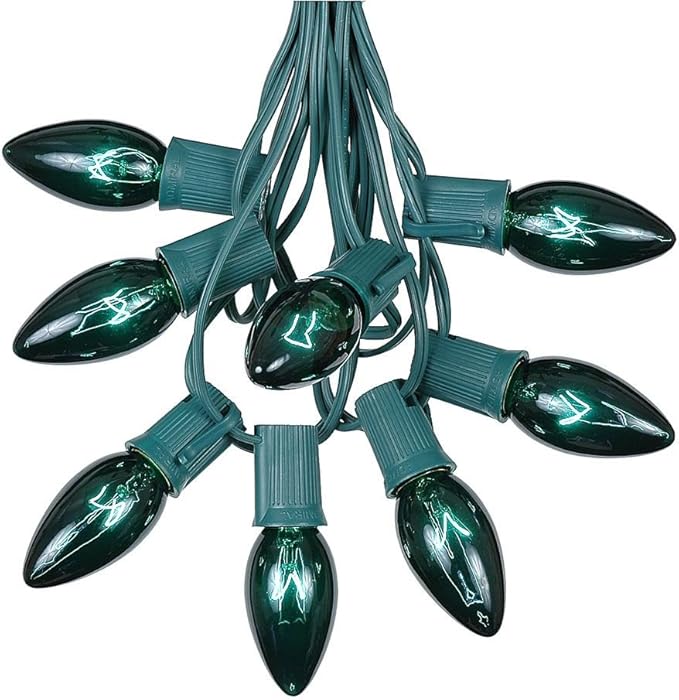 C9 Green Christmas Lights Set - Indoor/Outdoor Christmas Light String - Christmas Tree Lights - Hanging Christmas Lights - Roofline Light String - Outdoor Patio String Lights - Green Wire - 25 Foot