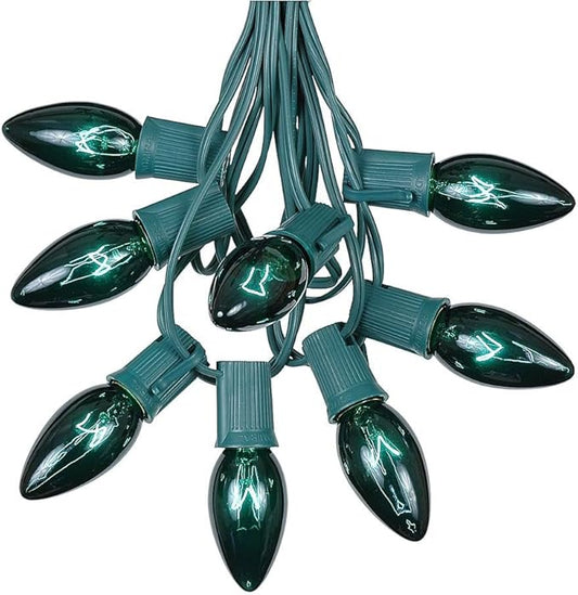 C9 Green Christmas Lights Set - Indoor/Outdoor Christmas Light String - Christmas Tree Lights - Hanging Christmas Lights - Roofline Light String - Outdoor Patio String Lights - Green Wire - 25 Foot