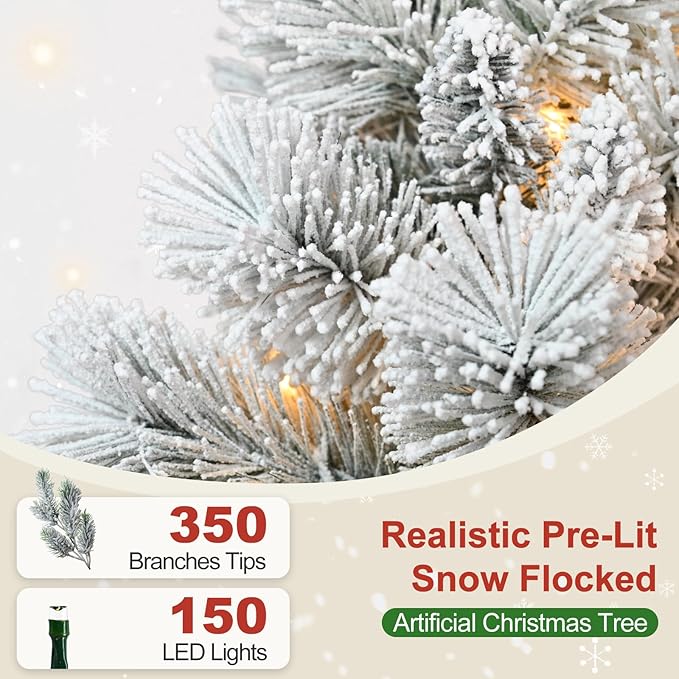 4 Ft Pre-Lit Snow Flocked Artificial Christmas Tree with 150 Warm LED Lights, Premium Holiday Xmas Tree with 350 Realistic Branch Tips, Metal Stand for Indoor Home/Office Decor (Easy Assembly)
