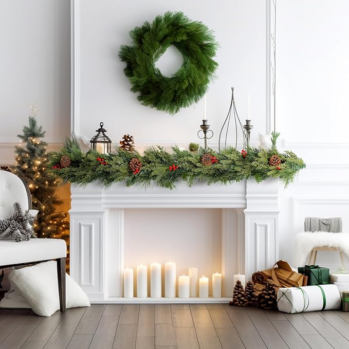 WBHome Real Touch Mixed Evergreen with Pinecones Foliage Prelit Garland, Winter Greenery Garland for Christmas Holiday Seasonal Outdoor/Indoor Home Decor Mantle, 6FT Long