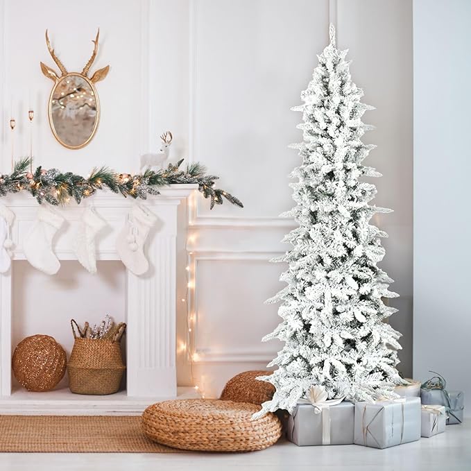 Fraser Hill Farm 6.5-Ft Slim Mountain Pine Flocked Artificial Christmas Tree with Stand, Unlit Foldable Skinny Fake Tree with Realistic Snowy Foliage, Holiday Décor Greenery for Winter Decoration