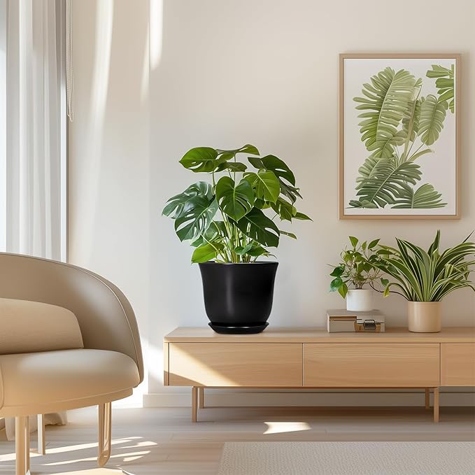 8 Inch Plant Pot - Ceramic Pots for Plants with Drainage Hole and Saucer, Round Planter for Indoor Outdoor, Modern Flower Pot, Gifts for Plant Lovers, Home Room Garden Porch Decor, Black