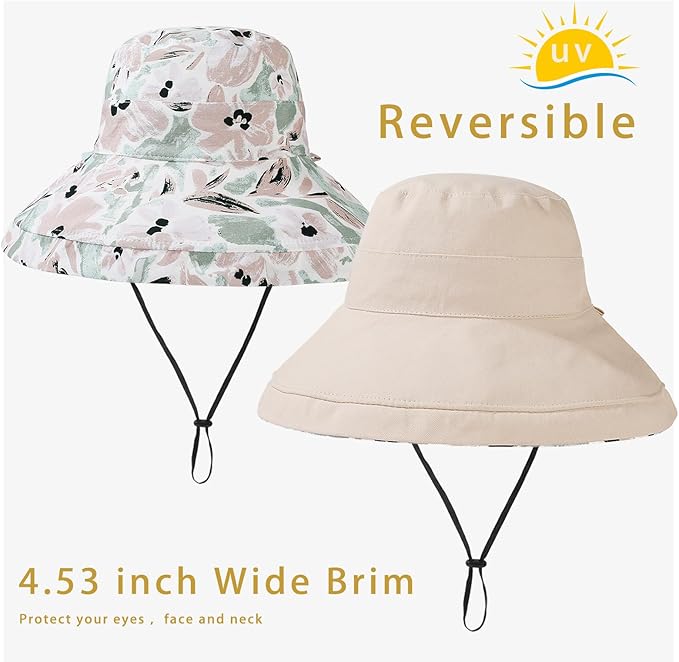 vidsel Womens Sun Hats Wide Brim Reversible Bucket Cotton Hat Packable Summer Travel Cap with Hat Clip,UV Protection