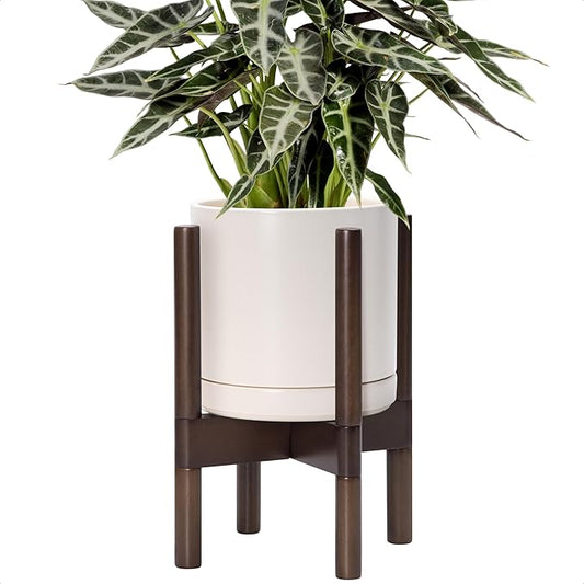 D'vine Dev Ceramic Planter with Walnut Color Stand - 8 Inch Modern Round Flower Pot with Wood Planter Holder, Oatmeal, 55-B-Y-8