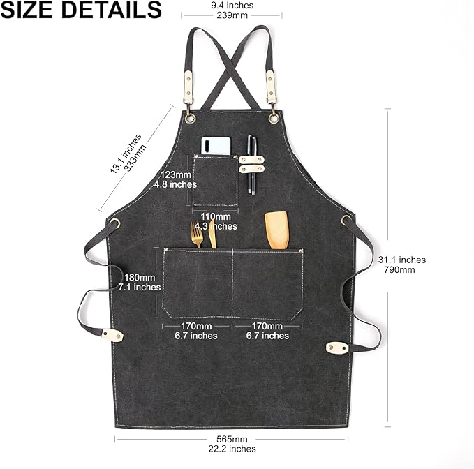 Cotton Canvas Cross Back Apron for Art Painting Garden Chef Bartender Work,Women Men 3 Pockets Waterproof Adjustable M-XXL