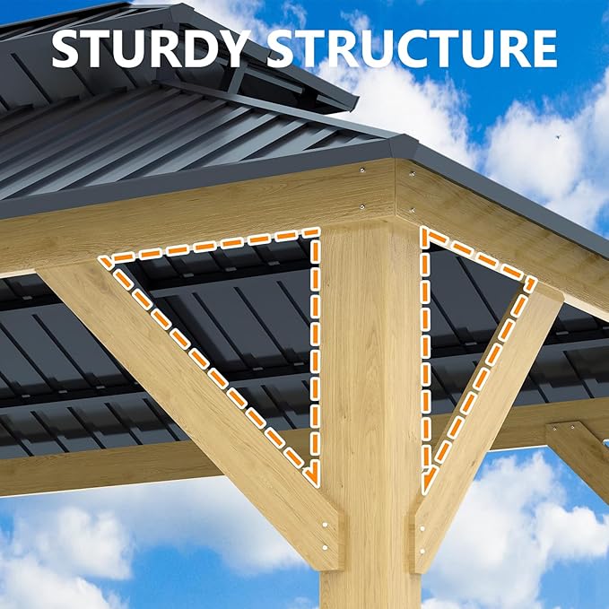 10'x12' Wood Gazebo, Outdoor Solid Wooden Gazebo with Double Roof Galvanized Steel Top, Hardtop Cedar Frame for Garden, Patio, Deck, Backyard