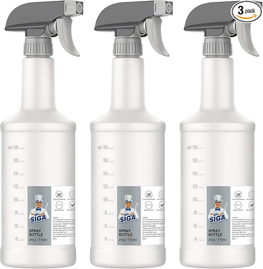 MR.SIGA 24 oz Empty Plastic Spray Bottles for Cleaning Solutions, Heavy Duty Household Reusable Spray Bottles with Measurements and Adjustable Leak Proof Nozzle, 3 Pack