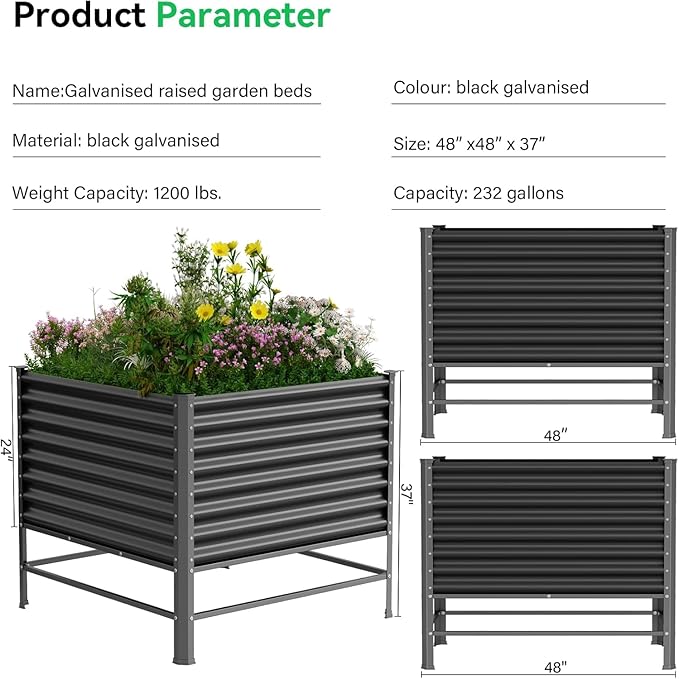 Galvanized Raised Garden Bed with Legs,48×48×37in Large Metal Elevated Raised Planter Box ,Raised Garden Bed,1200lb Capacity with Drainage Holes for Vegetables Lawn Green Flowers, Fruits, Terrace