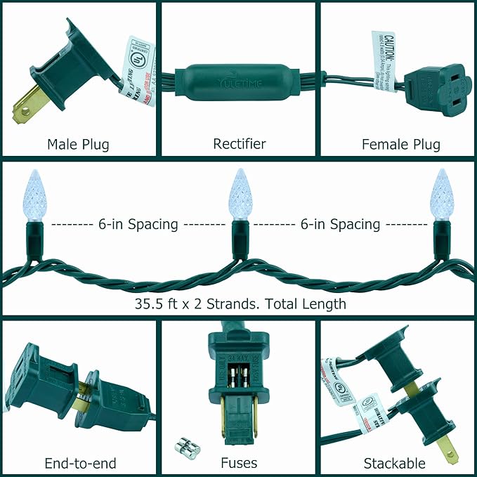 YULETIME Cool White One-Piece C6 Strawberry Christmas Lights 140 Count 71 Feet, 2 Sets 70 LED 35.5 ft High Waterproof UL Certified String Light (Cool White)