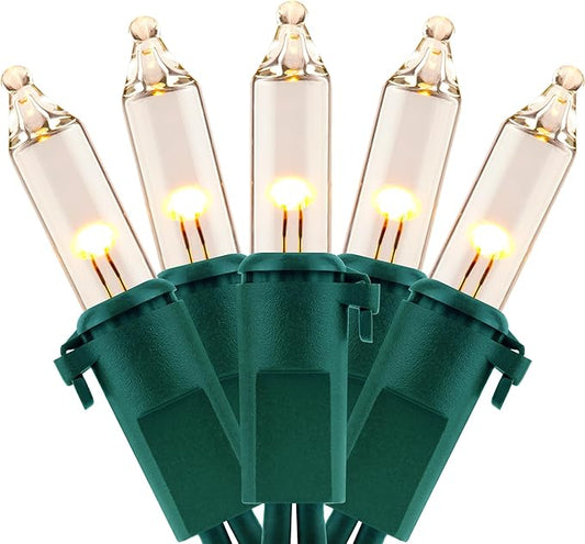 YULETIME 100 Count Clear Warm White Christmas Lights, 33 Feet Green Wire UL Certified Incandescent-Like LED Mini String Lights