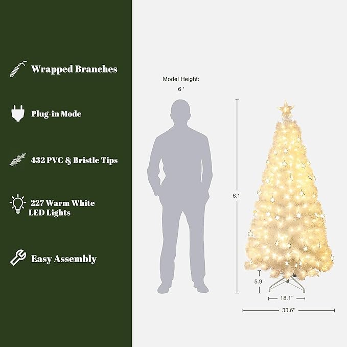 LuxenHome 6FT White Christmas Tree, 13 Lighting Funtions Artificial Fiber Optic Christmas Tree with 227 LED Lights, 432 PVC and Bristle Tips, Plug-in White Xmas Trees for Living Room, Entryway Decor