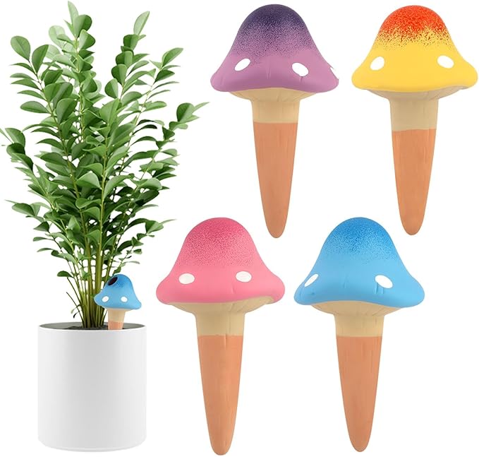 4Pcs Plant Watering Globes, Kalolary Self Watering Spikes Terracotta Drip Water Stakes Irrigation Watering Bulbs for Pot, Indoor, Outdoor, Vacation ﻿(Gradient Mushroom)