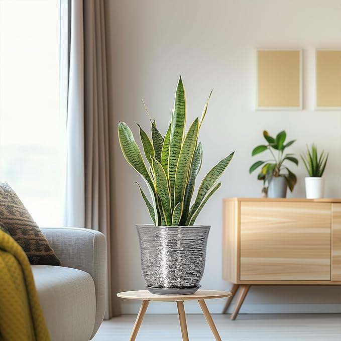 Ceramic Pots for Plants - 8 Inch Plant Pot with Drainage Hole and Saucer, Round Planters for Indoor Outdoor, Modern Planter, Decorative Flower Pots, Home Decor, House Warming Gifts, Silver