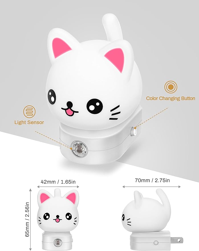 Cat Night Lights Plug Into Wall [2 Pack], Cute Night Light for Kids, 8-Color RGB LED Night Light, Nightlight with Dusk to Dawn Sensor for Kids Room, Bathroom, Bedroom Décor, Children Gift