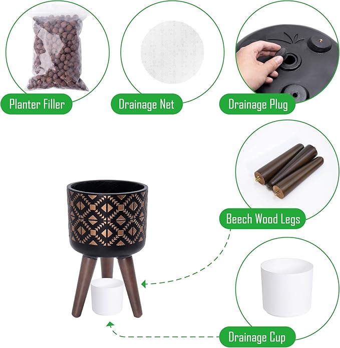 D'vine Dev 8 Inch Planter Pot with Stand, Mid-Century Tall Plant Pot with Legs for Indoor Plants, Small, Bronze/Black, 88-G-A-6