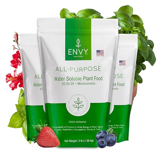 ENVY All-Purpose Plant Food | 100% Water Soluble, Professional Grade | Fertilizer for All Plants - Resealable Pouch W/Measuring Scoop (3lb x 3)