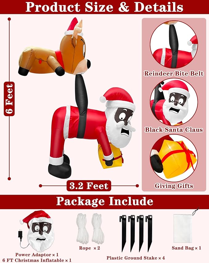 6 Ft Christmas Inflatable Reindeer & Climbing Black Santa Claus, Funny Hanging Outdoor Decoration with Built-in LED Light, Christmas Blow Up Yard Decor for Beam Roof Tree Indoor Home Party Lawn Decor