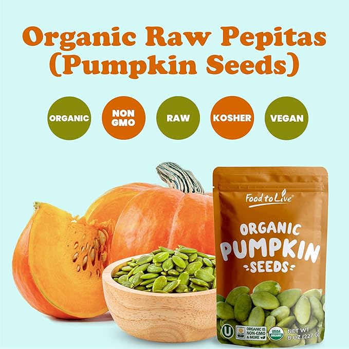 Food to Live Organic Raw Pepitas, 8 Pounds — Non-GMO, Pumpkin Seed Kernels, Unsalted, No Oil, No Shell, Vegan, Kosher, Bulk. Keto Snack.