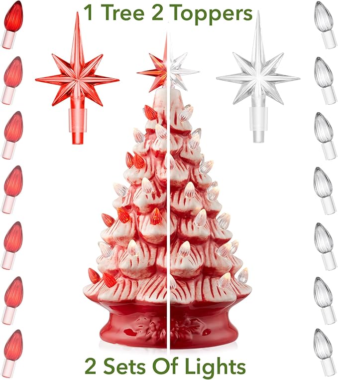 Casafield Hand Painted Ceramic Christmas Tree, Red and White Peppermint 12-Inch Pre-Lit Tree with 100 Multi Color Lights and 2 Star Toppers