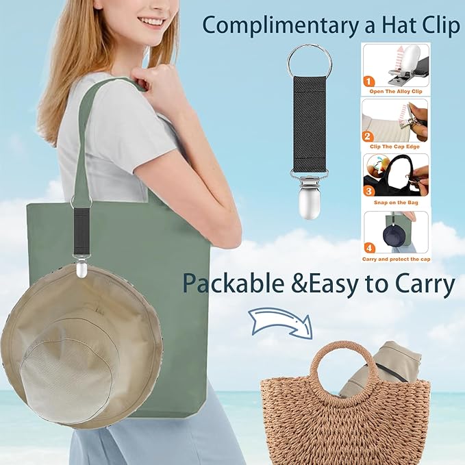 vidsel Womens Sun Hats Wide Brim Reversible Bucket Cotton Hat Packable Summer Travel Cap with Hat Clip,UV Protection