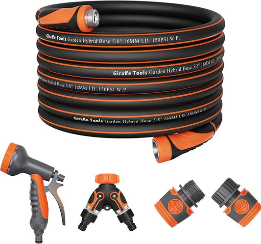 Giraffe Tools 100Ft 5/8" Garden Hose Set with 10-Pattern Spray Nozzle, Quick Connect Adapters & Splitter, for Lawn Care, Car Washing, Bed Garden Water Hose