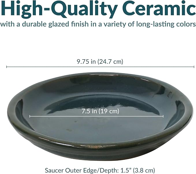 Sunnydaze 7-Inch Ceramic Plant Saucers - Plant Drip Trays for Outdoor Planter Flower Pot Drainage - Set of 2 - Forest Lake Green