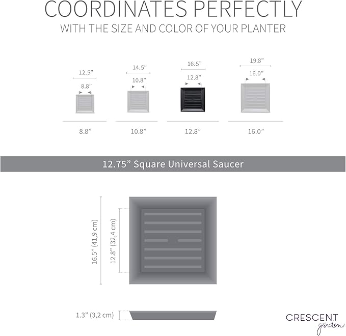 Crescent Garden Universal Square Plant Saucer, Modern Durable Drip Tray for Square Planter, Heavy-Duty Plastic Drainage Dish, Indoor/Outdoor Flower Pot Saucer - 13'' inner x 16.75" outer (White)