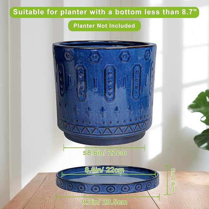 Plant Saucer 9.3 Inch - Ceramic Plant Saucer for Indoors Outdoors Plant Water Catcher Tray Plant Drainage Tray Decorative Flower Pot Saucer Plant Plates Blue