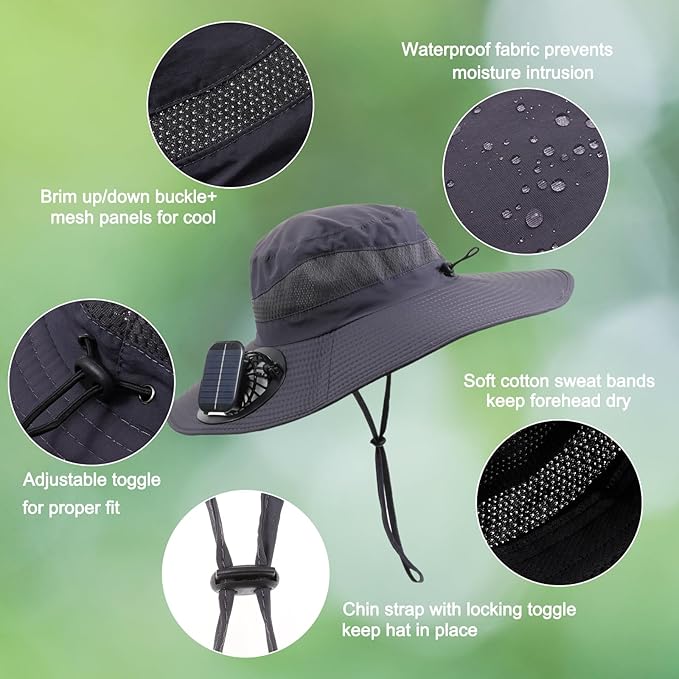 Wide Brim Solar Fan Outdoor Fishing Hat with 2 Solar Fan UPF 50+ Sun Bucket Hat Waterproof Breathable Fishing Hat Bucket Hat