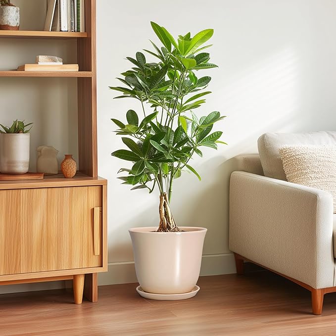 Ceramic Planter - 10 Inch Plant Pot for Indoor Outdoor, Round Flower Pots with Drainage Hole and Saucer, Large Plant Pot, Modern Planters, Home Office Room Decor, Gardening Gifts, Beige