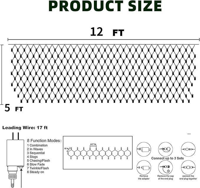 Dazzle Bright Christmas Net Lights, 360 LED 12FT x 5 FT Green Wire Waterproof Connectable String Lights with 8 Modes, Christmas Outdoor Light for Bushes Garden Holiday Decoration (Multi-Colored)