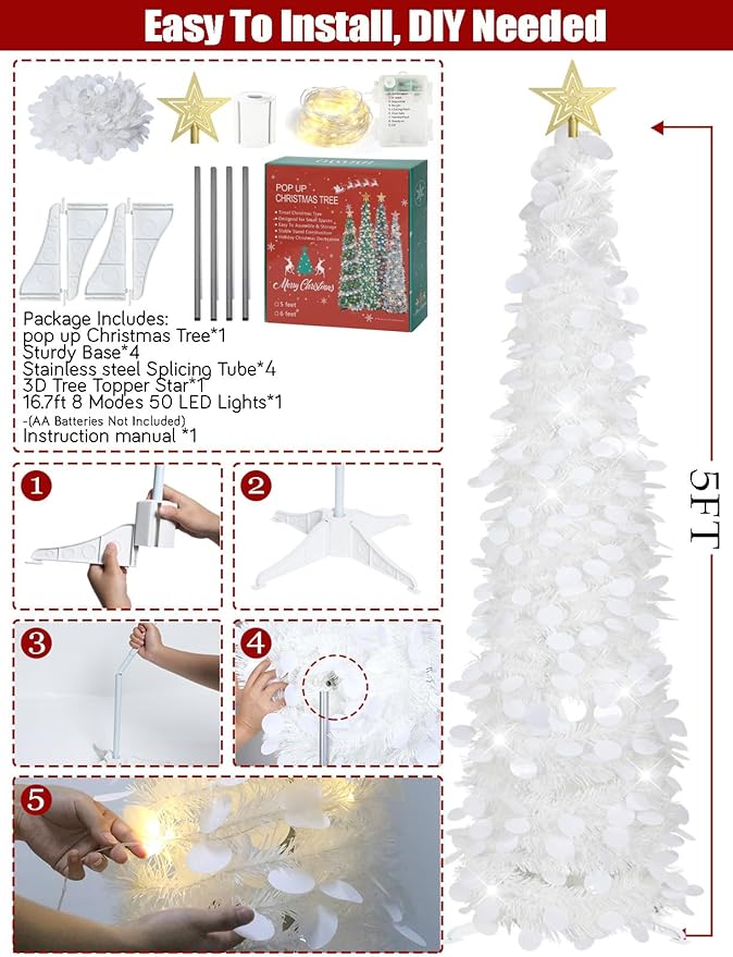 HMASYO 5 FT Pop Up Christmas Tree with Timer Lights, White Christmas Tinsel Tree, Collapsible Artificial Pencil Christmas Tree for Indoor Home Apartment Porch Holiday Party Decorations
