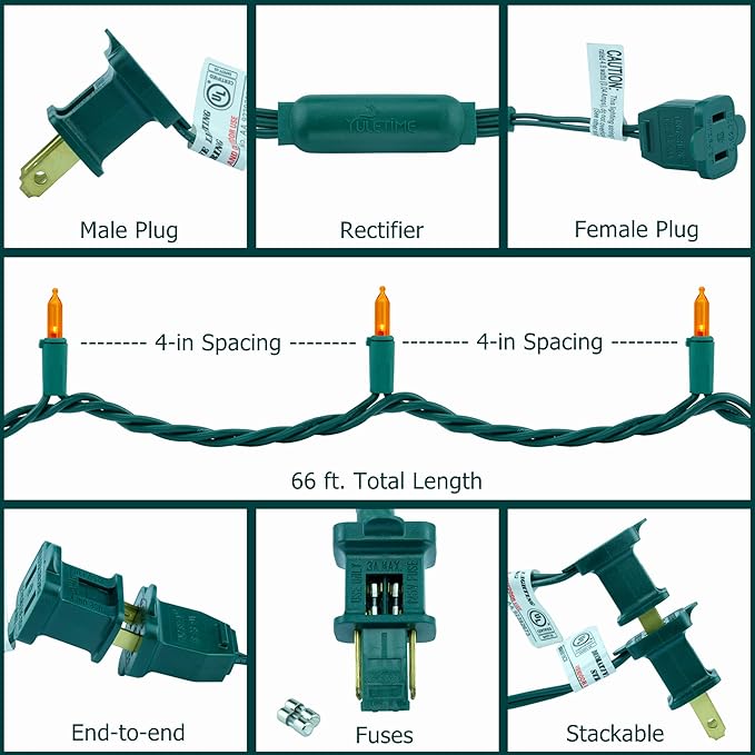 YULETIME 200 Count Orange LED Christmas Lights, 66 Feet Green Wire UL Certified Commercial Grade Holiday String Light Set (Orange)