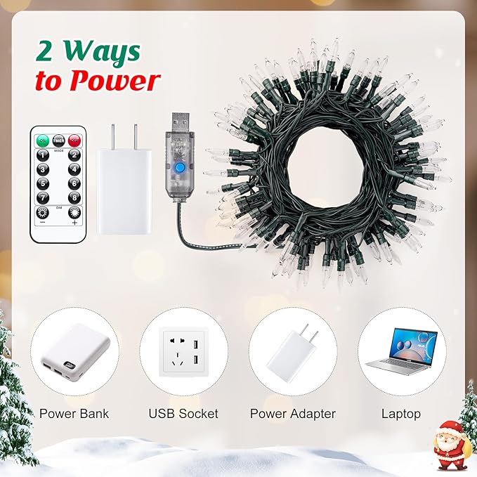Minetom LED Christmas Lights for Indoor,39 FT 100 LED Christmas Tree Lights with Remote, USB Plug, Adapter, Warm White Mini String Light for Garland Wreath Home Garden Holiday Party Decorations