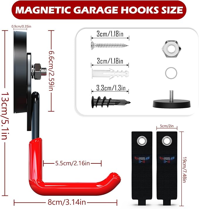 3-H Heavy Duty Magnet Garage Hooks 4 Pack, Large Strong Magnetic Hooks for Hanging Cordless Power Drill, Utility Magnetic Tool Holder for Metal Cabinet, Steel Pegboard, Toolbox, Garage(Red)