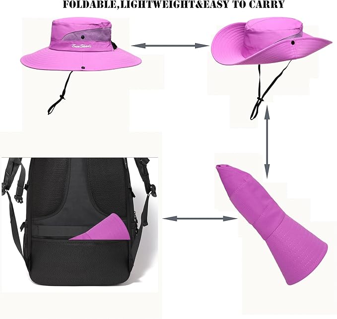 Womens Summer Sun Hat Beach Hat Wide Brim Outdoor UV Protection Hat Foldable Cool Mesh Ponytail Bucket Hat